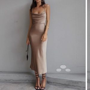 Satin Cowl Neck Midi Dress in Taupe